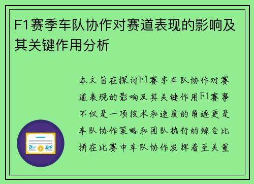 F1赛季车队协作对赛道表现的影响及其关键作用分析