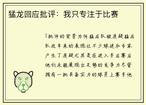猛龙回应批评：我只专注于比赛